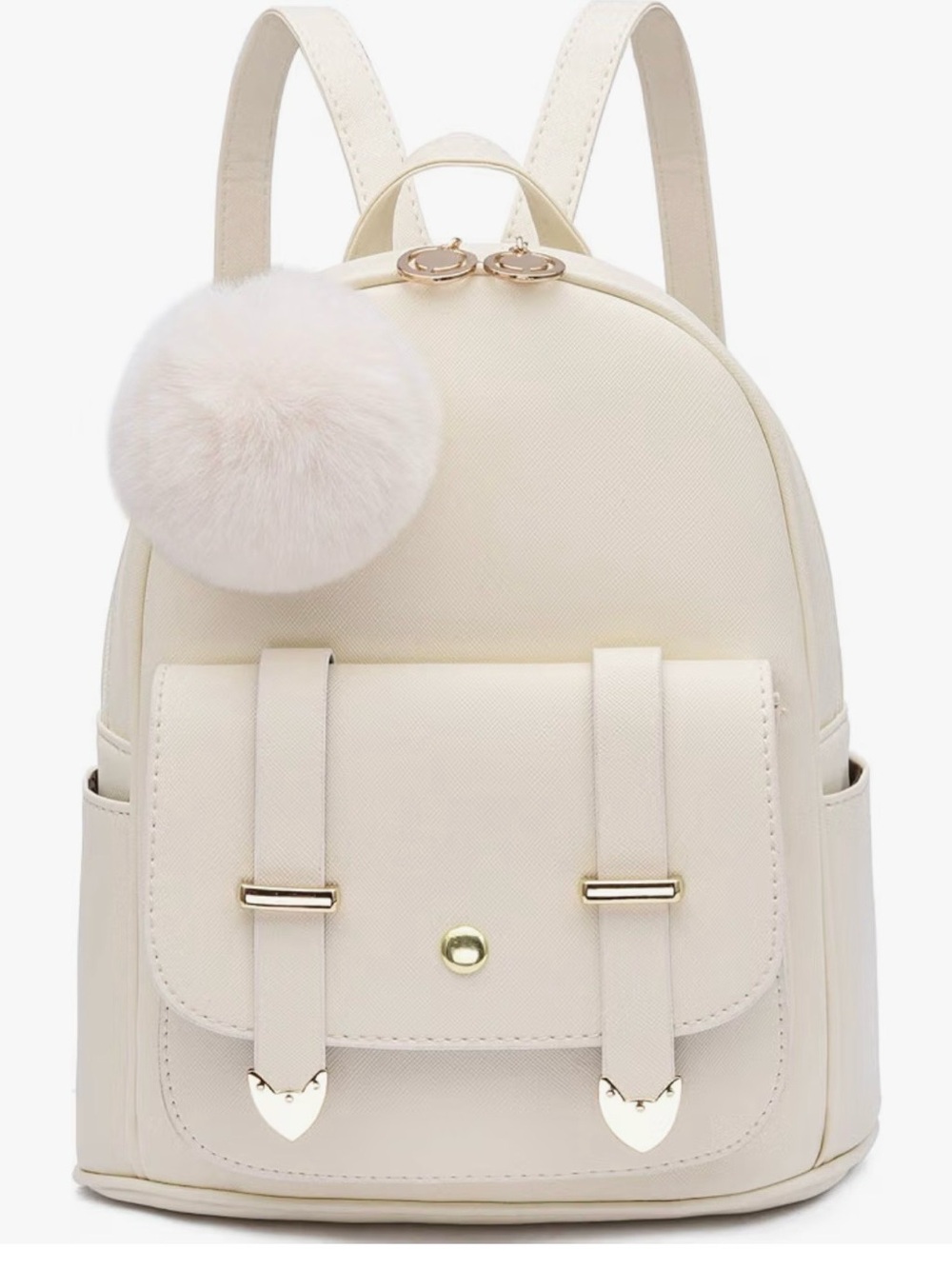 Cream Mini Backpack with Pom Pom Accent
